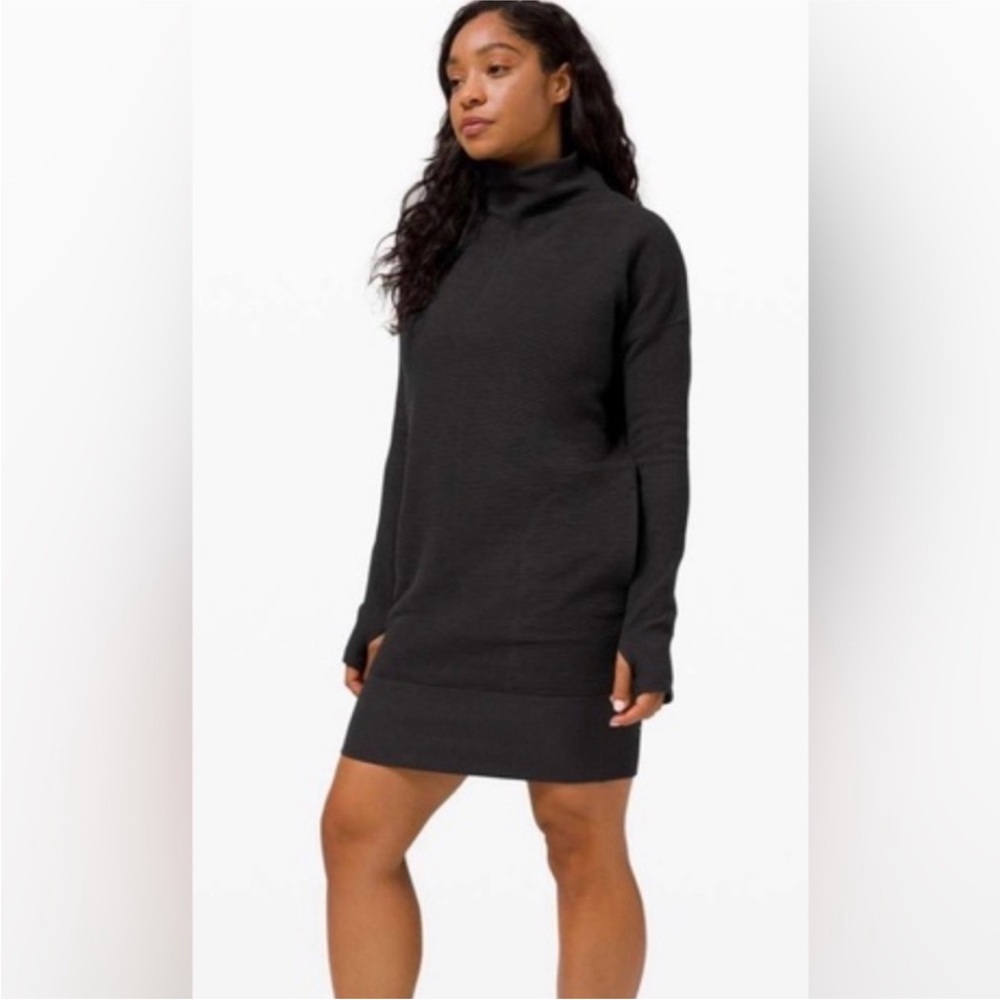 Lululemon Call for Cozy Dress Black Textured Mock Neck Long Sleeve Pockets-8